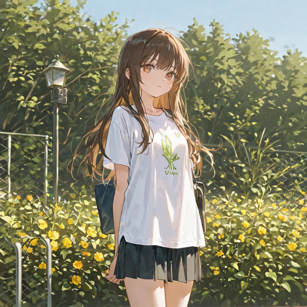 ((pre-)), excited girl, dress-style t-shirt, v-neck, no panties, vagina with small hairs, close-up from thighs to face, shot from below, very light skin, very long hair, wavy hair, garden, sunrise, photorealistic, indirect lighting, volumetric light, ray tracing, hyper-detailed, best quality, ultra-high resolution, HDR, 8k