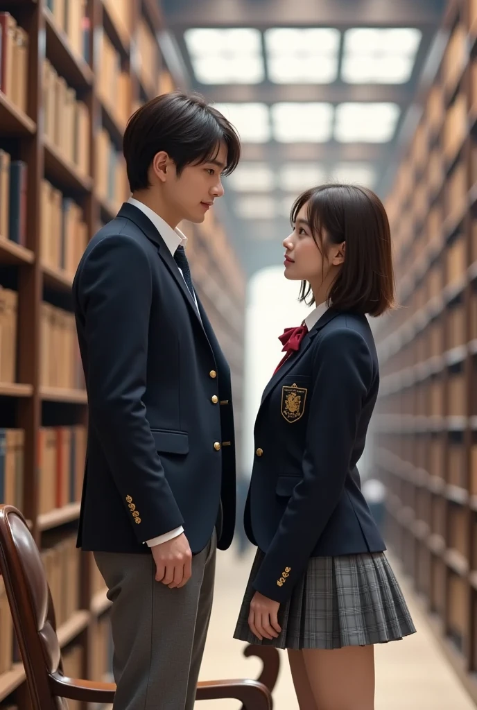 {Ｘ}Is sitting on a chair 、is standing{Ｙ}staring at each other,２Distance between people{X}is standing gracefully on a chair、,blazer and gray pants with a dark gold crest、Best、wearing a school uniform and leather shoes with a Bordeaux tie,taller than women{Ｙ}is a woman with brown hair, smooth bob hair、Clothes are dark blue blazer with gold embroidery and red tie、wearing a school uniform with a gray check skirt and dark blue socks and leather shoes,blazer with dark gold emblem and gray pants、A large number of old books arranged in an orderly manner,Soft light shining through a high ceiling,Bookcase full of wood texture,The background is an academic library with huge bookshelves lined up in real detail,Delicate and exquisite texture,realistic expression,4K High Quality,physics-based rendering of a woman holding a horse's penis,ultra-detailed depiction,Professional,Vivid Colors,bokeh