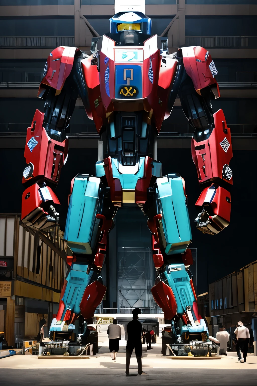 A giant robot appears from between 、It's punching a giant monster