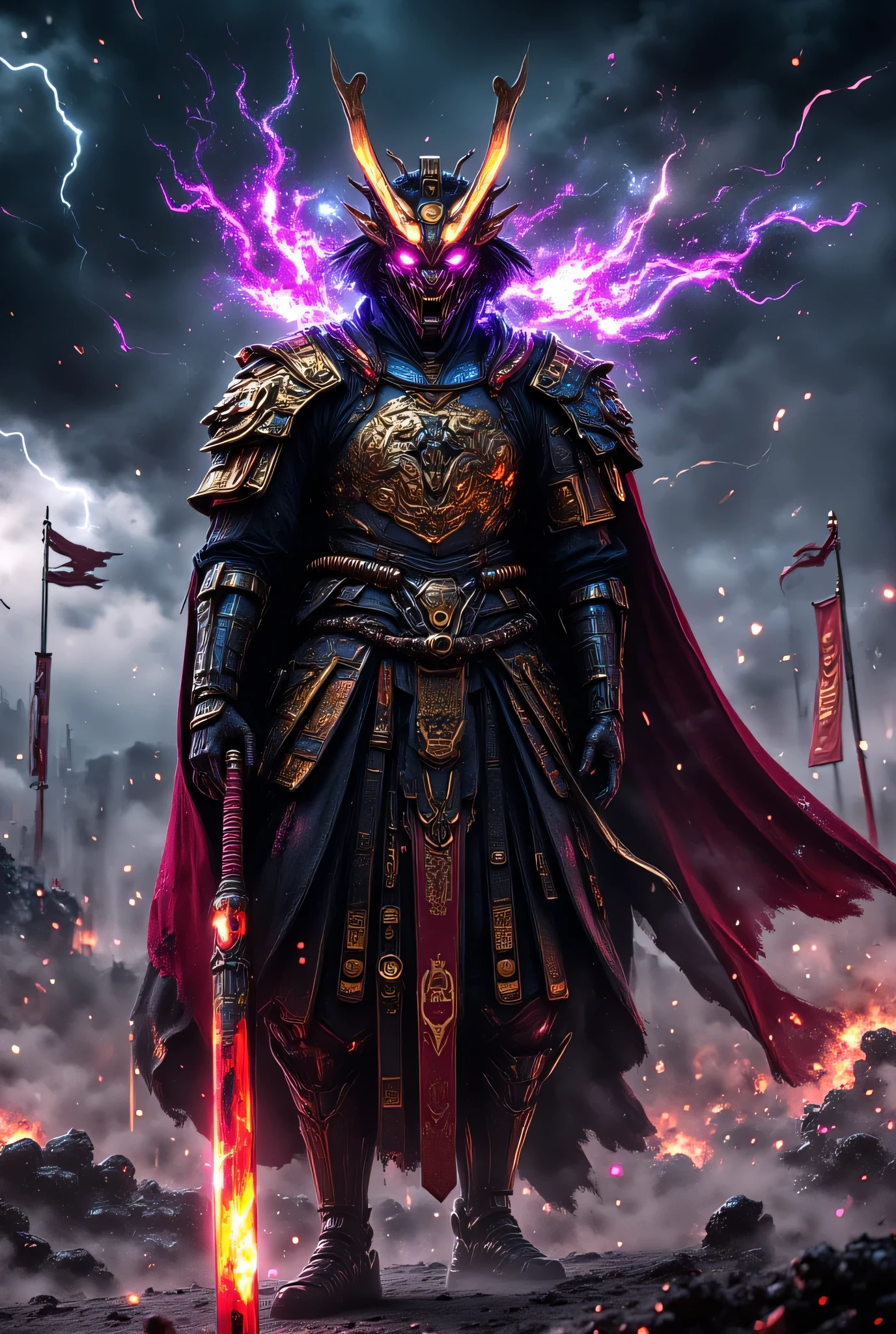 A hyper-realistic samurai warrior standing tall under a stormy sky, wearing ornate traditional armor with intricate golden details and a menacing Japanese demon mask (Oni style). He holds a blood-stained katana in one hand and a second sheathed blade at his side. A divine aura surrounds him, glowing in vibrant tones of fiery red, electric purple, and shimmering silver, symbolizing his godlike presence. The background features a battlefield littered with fallen banners and mist, illuminated by flashes of lightning. Ultra-detailed textures, cinematic lighting, and epic atmosphere.Arte conceptual, Brillar, Primer plano,