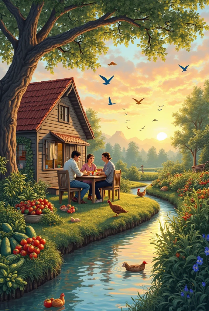 "A peaceful countryside morning scene with a family of three sitting around a wooden table outdoors, enjoying breakfast near a small canal. A lush vegetable garden filled with tomatoes, cucumbers, and other produce surrounds them. A small wooden house with a red roof and hanging laundry in the background. A large tree provides shade, and colorful birds fly in the sky during a beautiful sunrise. Ducks, chickens, and a cat roam nearby. The water in the canal is clear, reflecting the bright sky, and vegetables float in it. The overall vibe is cozy, warm, and idyllic with a painterly, semi-realistic style."