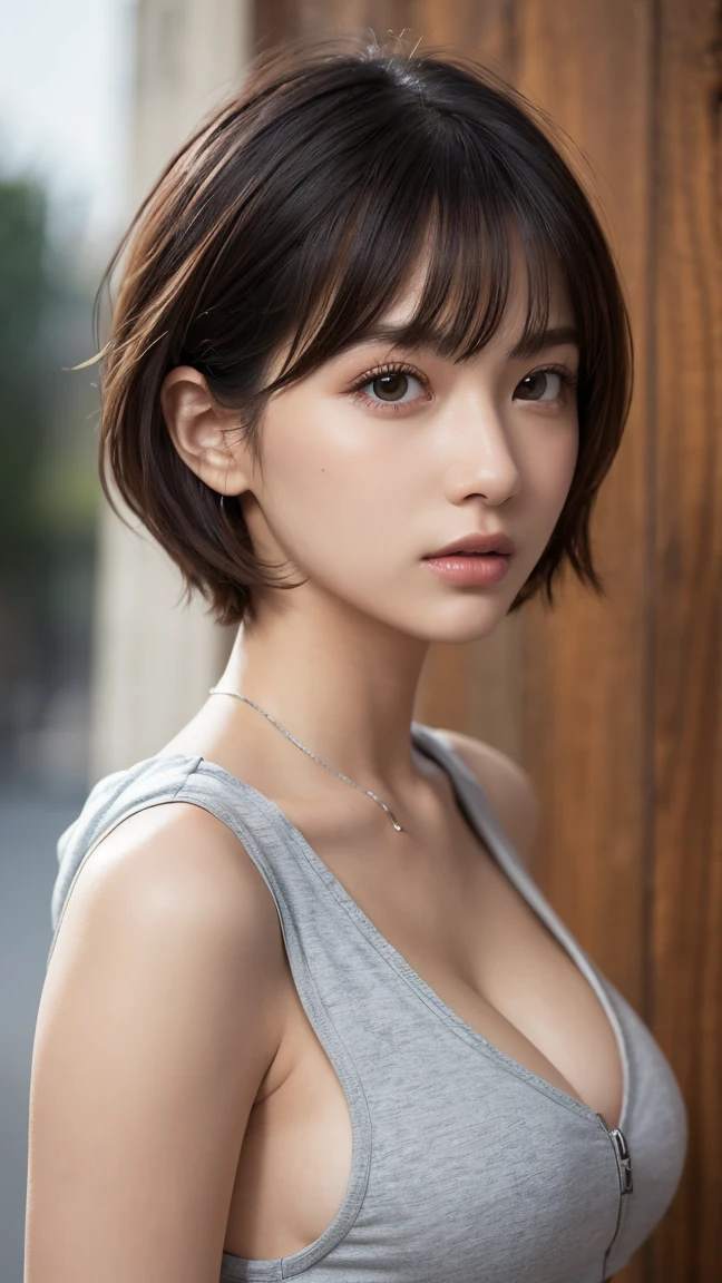(photograph:1.2)、(photorealistic:1.3)、(masterpiece:1.3)、(Highest image quality:1.4)、ultra high resolution、(detailed eyes)、(detailed facial features)、(Detailed garment features)、8K resolution、solo focus、bangs、double eyelid、beautiful face、(realistic face)、(dark brown hair、short hair:1.3)、beautiful hairstyle、realistic eyes、beautiful eyes、(realistic skin)、beautiful skin、charming、ultra high resolution、Super realistic、High definition、Camisa branca aberta,middlebreasts,is standing、30 year old mature woman、no makeup、small face、bust B cup、small breasts、small breasts、cool pose、Gray background