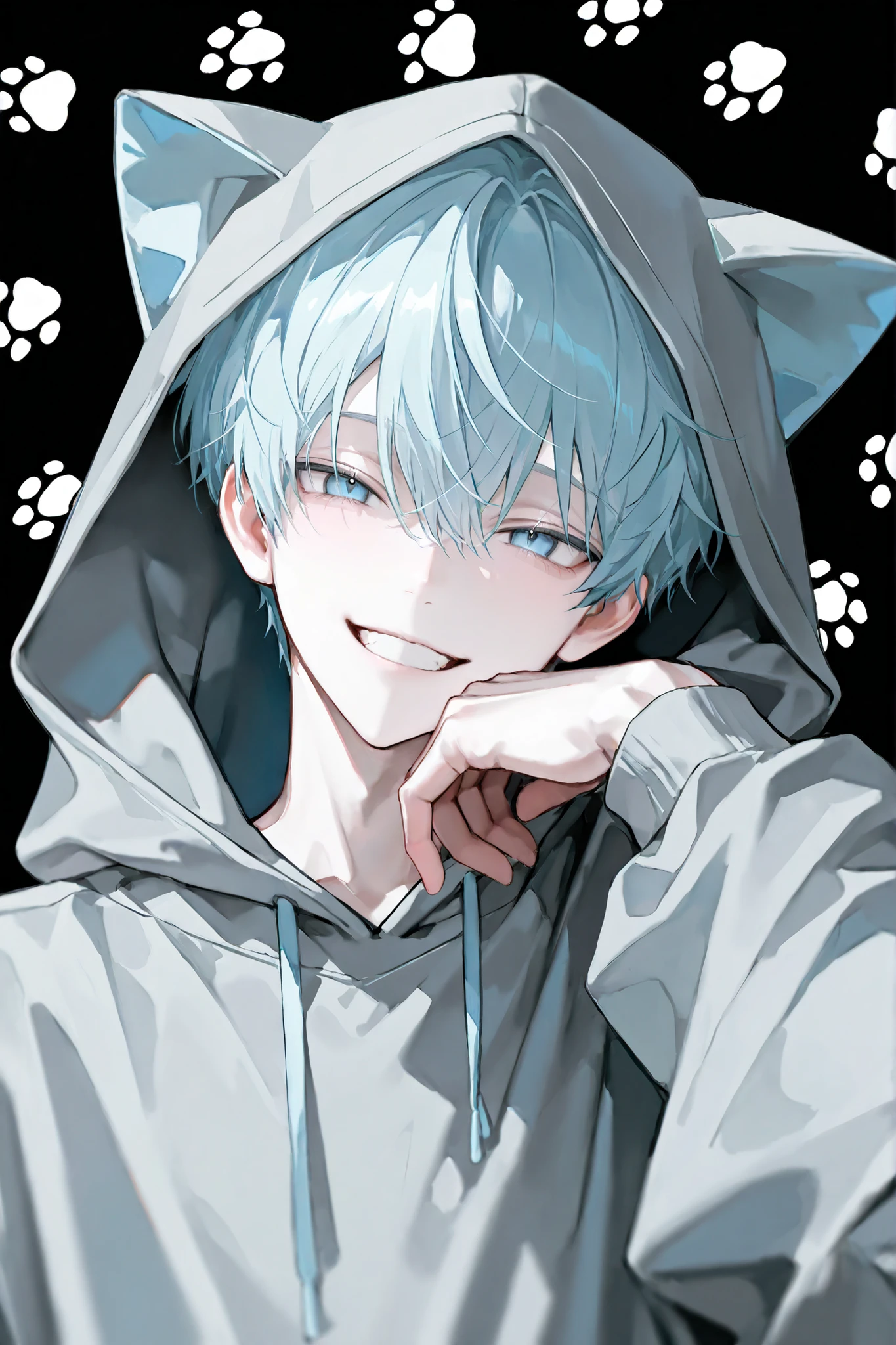 1 boy, Short light blue hair, bungs, short hair、blue eyes, pale skin, straight hair,Cat ear hood、hoodie、grey hoodie , sagitales, Smiling Face, viewers, young, (masterpiece: 1.3), (top quality: 1.3), (ultra detailed), 8k resolution, sharp concentration, beautiful face, Detailed Faces(1.2), white paw background(1.ide angle、