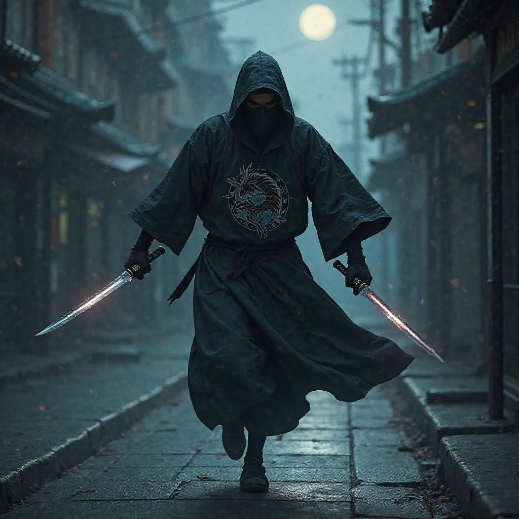 A ninja runs in a long gabana with a dragon symbol and two kunai in his hands