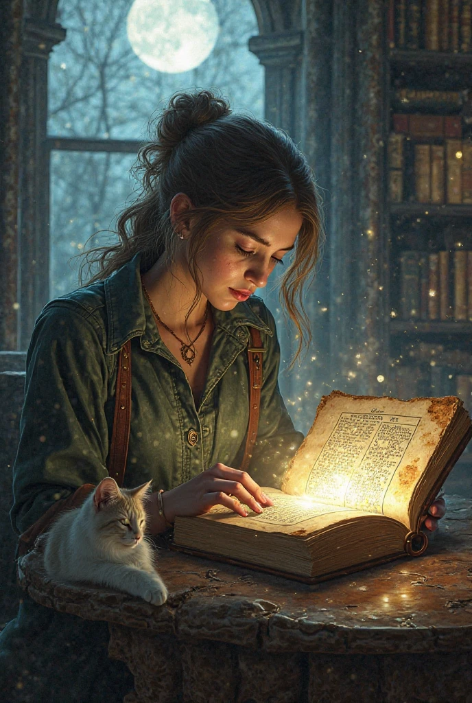 Sarah reads the strange ancient book found in the library. Miso lies next to. Outside the window, full moon.
The book suddenly glows, and the gate of light opens into the air.