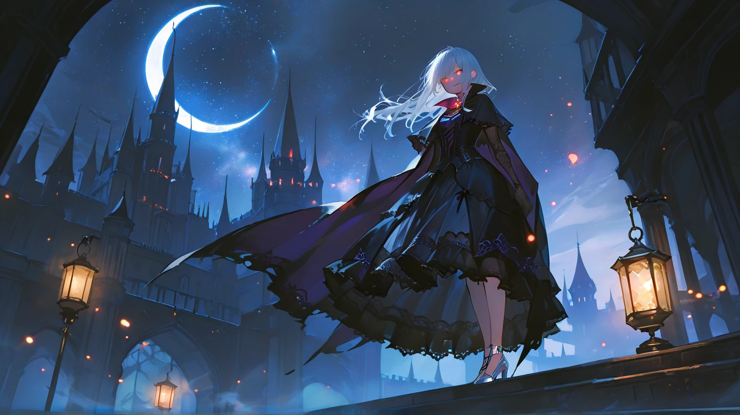 anime comic illustration fantasy art, gothic art, portrait of a female vampire elf, casting dark spell, with a long curvy hair, light color hair, red eyes, busty, Ultra Detailed Face, small pointed ears, blue cloak,  flowing cloak, wearing an intricate black leather dress,  high heeled boots, fantasy urban background, fantasy, at night light, natural ,moon light, clouds, gothic atmosphere, soft light, dynamic light,  high details, best quality, 32k, [ultra detailed], masterpiece, best quality, (extremely detailed), dynamic angle, oil pastel