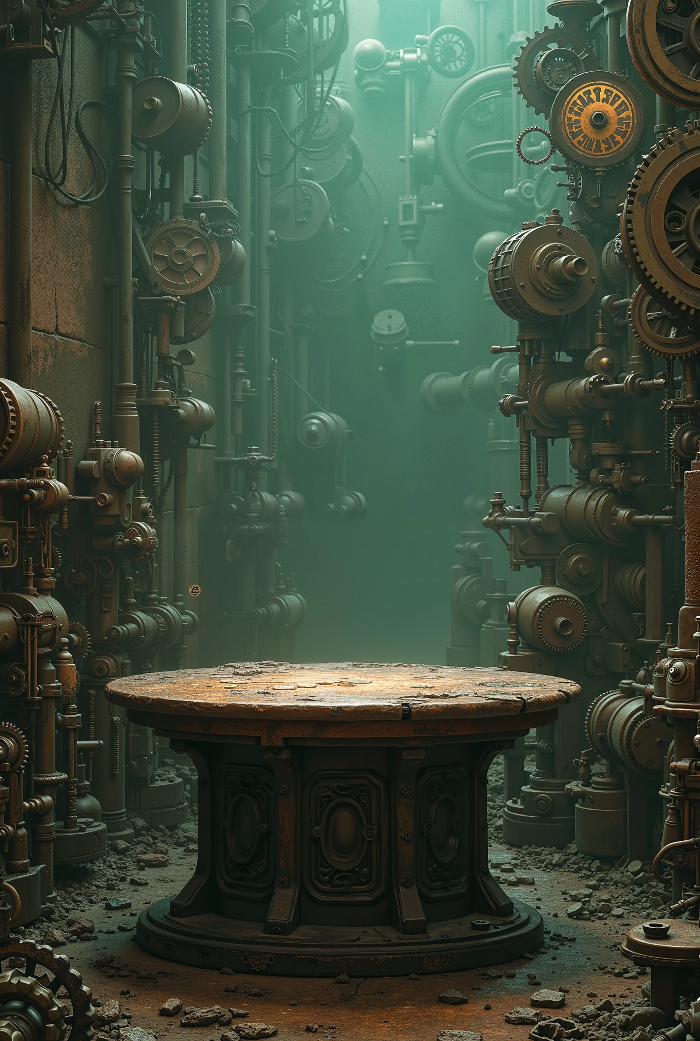 steampunk style. greenish background with gears. empty table in center. 
