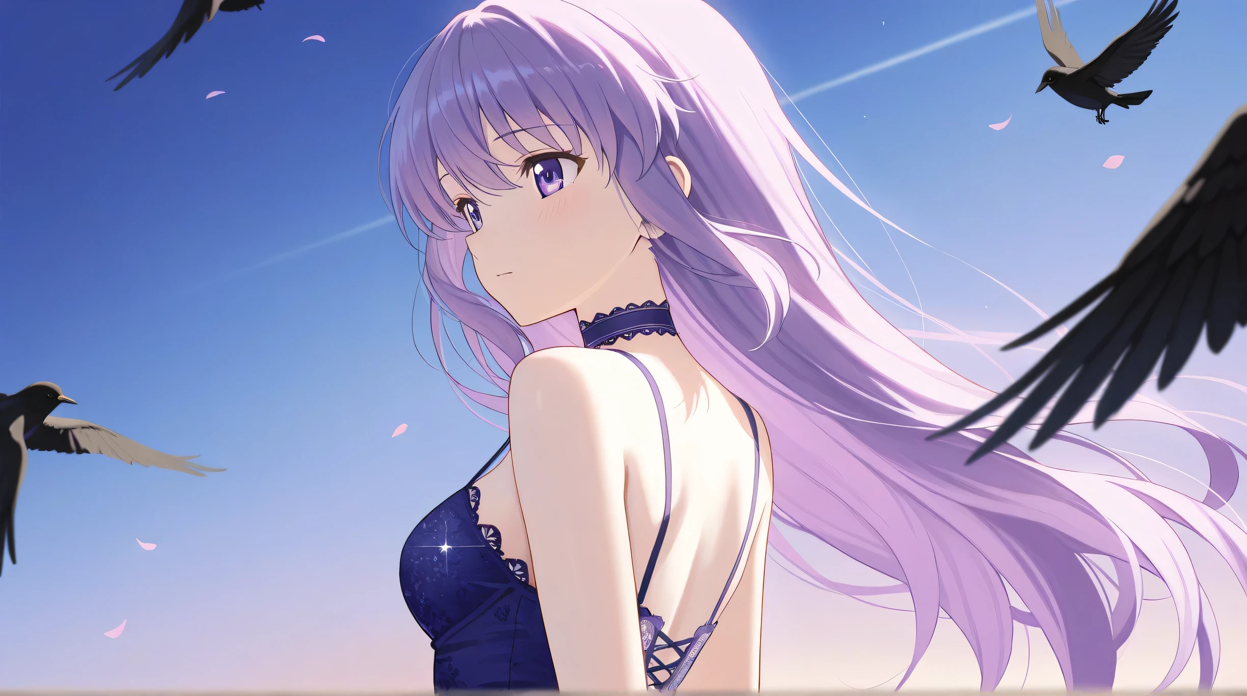 Masterpiece, Best Quality, Top Quality, Very Detailed, 1 girl, A young, light-skinned anime girl, positioned slightly off-center to the left of the image, gazes downwards with a melancholic expression. Her long, vibrant purple hair cascades down her shoulders and back. She wears a dark purple, lacy, detailed choker with sparkling gems. The dress she's wearing is dark purple with a patterned bodice. Her skin has a soft, pale tone with subtle highlights. The girl appears to have a slight build with delicate features. A multitude of black birds fly across the softly colored twilight sky, which is a mix of deep purple, violet, and hints of blue. Floating blossoms of light purple add to the dreamy atmosphere.The perspective is slightly above the character, drawing focus to her figure amidst the twilight scenery. The style is anime, with detailed features and vibrant, yet muted colors.Soft lighting accentuates the girl's face and upper body.