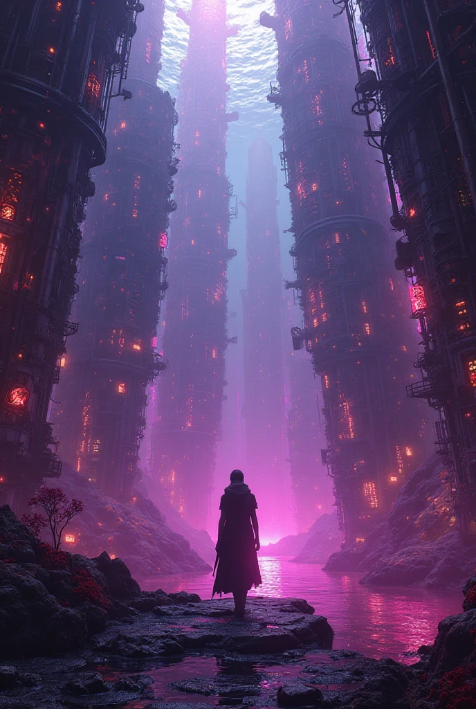future underwater city with pink accents, A back figure 