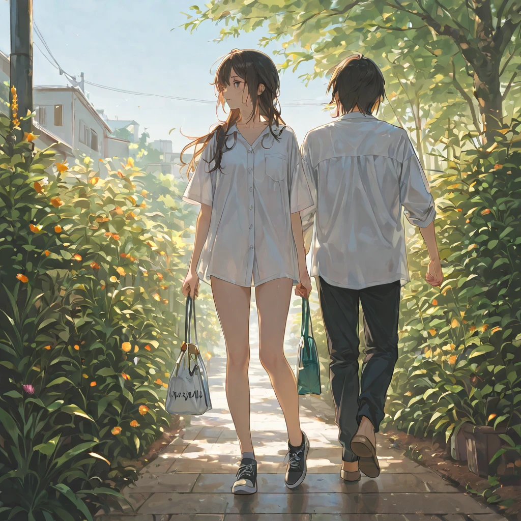 garden、Two people walking 、white shirt、beside