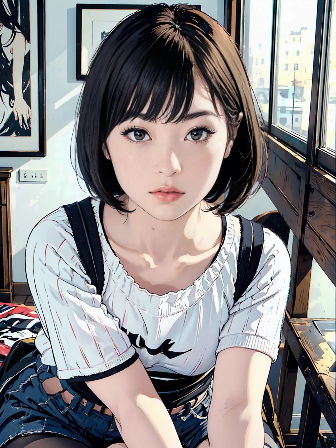 pastel colors ,  1980s Style  ,art colored pencil drawing，( top quality:1.2, very detailed, newest, lively , High Contrast , masterpiece:1.2,  best aesthetics),((greatest masterpiece)),(((top quality)))high resolution、((The Most Beautiful Woman in the World、 :1.4))colorful hair color,short bob ,casual clothes、miniskirt、 thin black pantyhose、