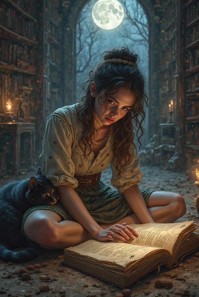 Sarah reads the strange ancient book found in the library. Miso lies next to. Outside the window, full moon.
