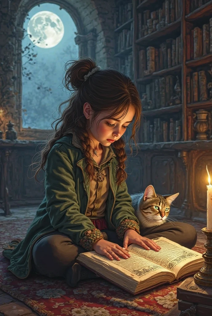 Sarah reads the strange ancient book found in the library. Miso lies next to. Outside the window, full moon.
