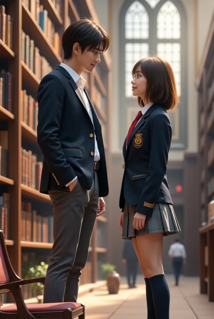 {Ｘ}Is sitting on a chair 、is standing{Ｙ}staring at each other,２Distance between people{X}is standing gracefully on a chair、,blazer and gray pants with a dark gold crest、Best、wearing a school uniform and leather shoes with a Bordeaux tie,taller than women{Ｙ}is a woman with brown hair, smooth bob hair、Clothes are dark blue blazer with gold embroidery and red tie、wearing a school uniform with a gray check skirt and dark blue socks and leather shoes,blazer with dark gold emblem and gray pants、A large number of old books arranged in an orderly manner,Soft light shining through a high ceiling,Bookcase full of wood texture,The background is an academic library with huge bookshelves lined up in real detail,Delicate and exquisite texture,realistic expression,4K High Quality,physics-based rendering of a woman holding a horse's penis,ultra-detailed depiction,Professional,Vivid Colors,bokeh
