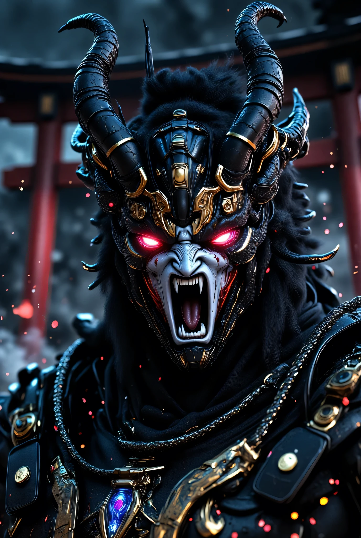 Close-up portrait of a Japanese god with a demonic face, highly realistic and hyper-detailed. The god has sharp, menacing features, glowing red eyes, horned head, and intricate traditional Japanese armor. His skin has a cracked, stone-like texture with hints of red beneath. The background is dark and atmospheric with faint torii gates and mist. Cinematic lighting highlights the contours of his face, giving it a dramatic, almost divine-demonic aura