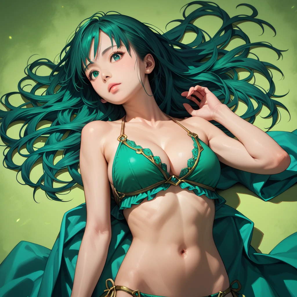 amazing quality, newest, absurdres, realistic lighting,
Cowboy shot, Dynamic angle,1girl, solo,  cool beauty,
Teal green Hair, long straight hair,
green bikini, cleavage,
lying on back, Dynamic pose,
green background,
anime style, detailed face,
