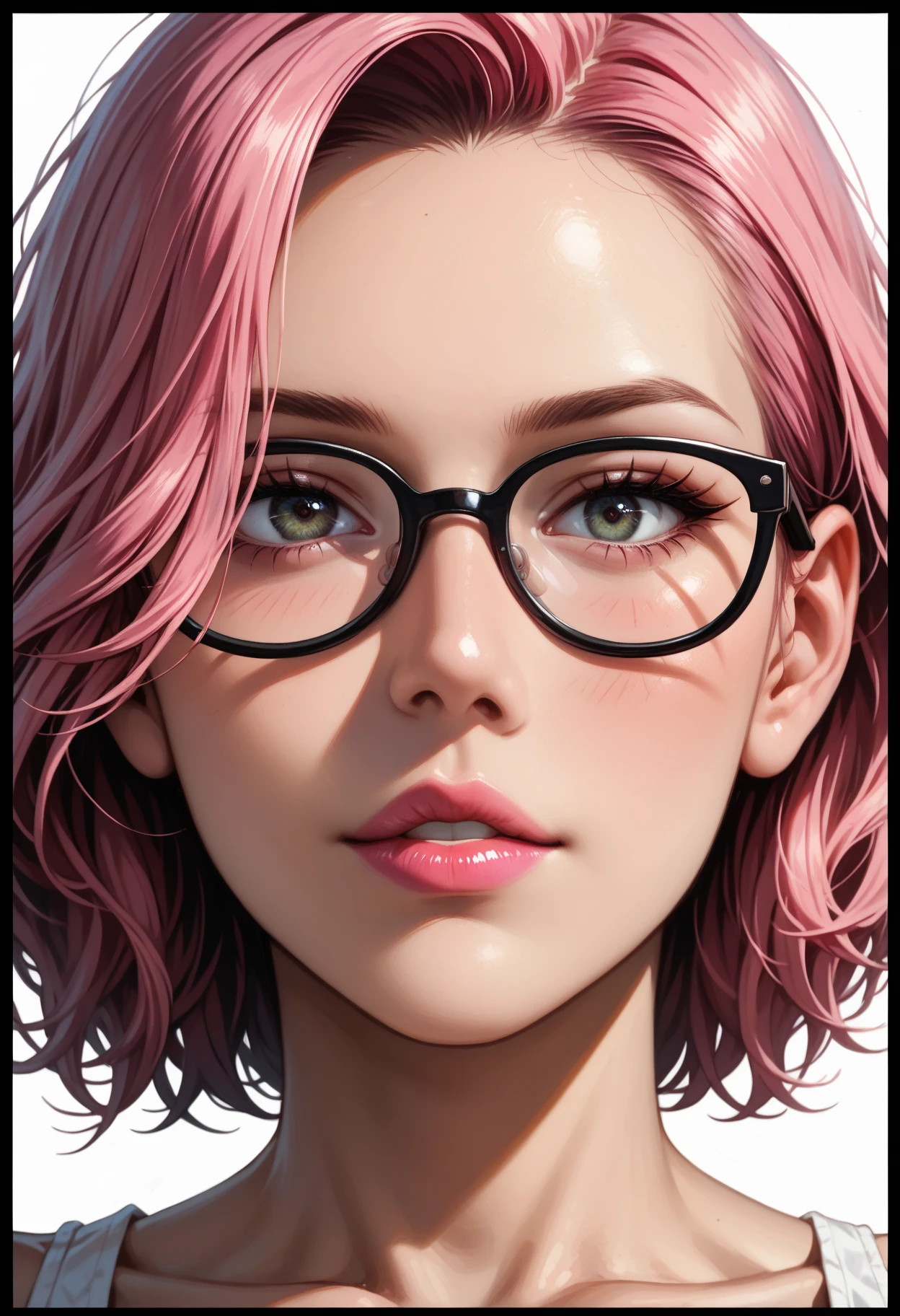  1 girl, lovely, kurvig, large, reif, (medium breasts: 1.3), (Elfenfrau: 1.3), ( the counter,  hands on the counter , legs spread wide,  in the kitchen: 1.3), (black framed glasses: 1.3), ( long pink hair over one eye : 1.3), blaue Augen: 1.3, hat Glanz, Doppellider,  detailed iris , large, kurvig, Body, pink tight tank top, pink tight-fitting short shorts: 1.3, pink stiletto high heels: 1.3, pink lipstick: 1.3, black eye shadow: 1.0, very detailed, 16k, light and shadow on the skin, vivid colours,   funny  expression  , perfect lips, sexy mature face, viele Sommersprossen am ganzen Body, full volhochtuous pouty lips,  extreme blush , look at the viewer, eyes half open, (Close-hoch: 1.5), (back: 1.4), extremely detailed, ray tracing, rtx,  high saturation ,  high contrast ,  photon mapping, ((Sharp image)), ((best quality)), ((detailed background)),((complex details))