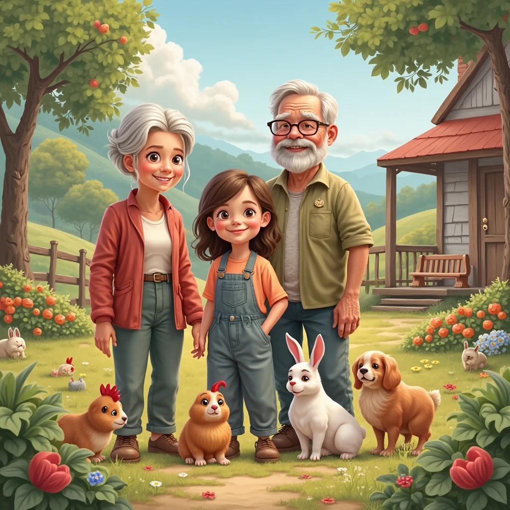 La Granja Alegre : adult girl, Grandma and Grandpa and their little animals 