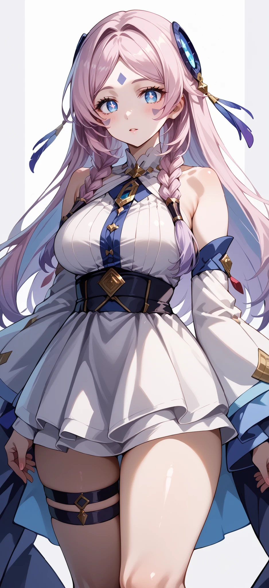 score_9, score_8_up, score_7_up, source_anime, 4K,perfect fingers,(perfect hands, perfect anatomy),prefect lighting, very aesthetic, intricate details,highly detailed background, masterpiece, high quality, best quality,
citlali, blue eyes, bright pupils, facial mark, long hair, multicolored hair, pink hair, purple hair, hair intakes, braid, twin braids, parted bangs, hair ornament,Large Breast
wearing ((thigh strap, detached sleeves, bare shoulders, dress, )) ,,
Standing, ((White plain background:1.5)) , Female standing casual pose,