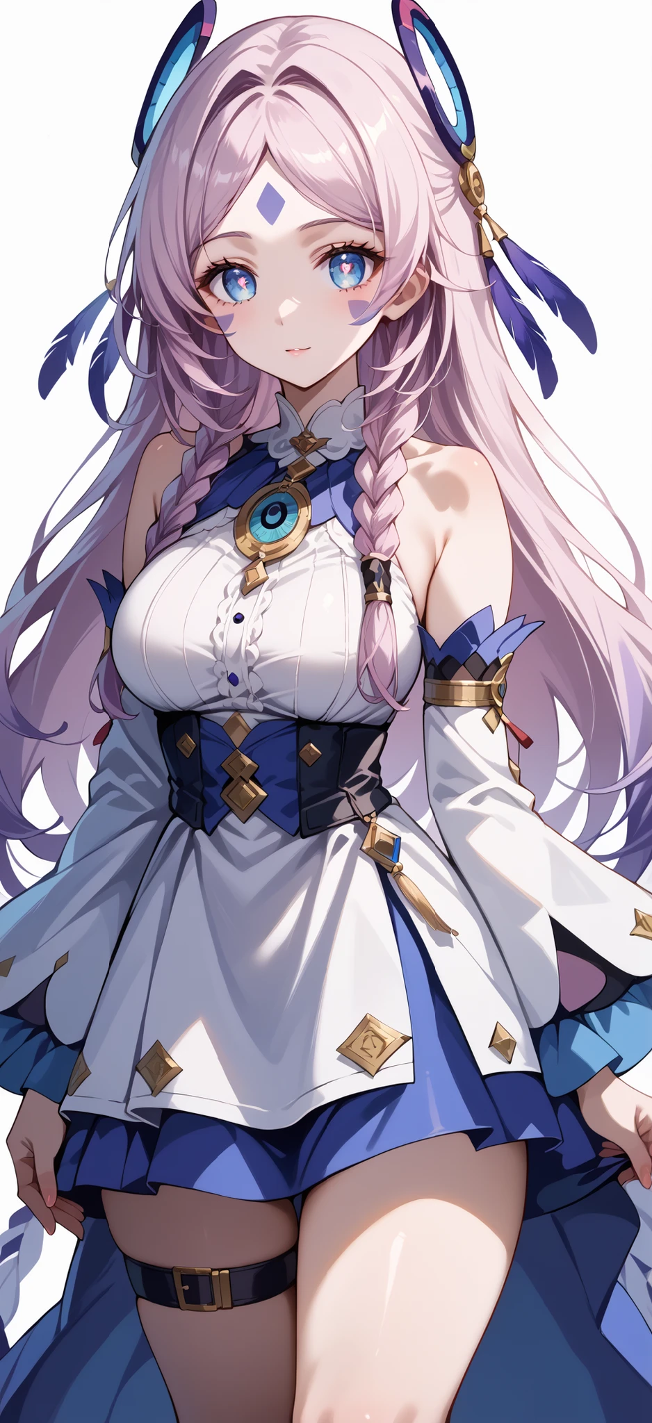 score_9, score_8_up, score_7_up, source_anime, 4K,perfect fingers,(perfect hands, perfect anatomy),prefect lighting, very aesthetic, intricate details,highly detailed background, masterpiece, high quality, best quality,
citlali, blue eyes, bright pupils, facial mark, long hair, multicolored hair, pink hair, purple hair, hair intakes, braid, twin braids, parted bangs, hair ornament,Large Breast
wearing ((thigh strap, detached sleeves, bare shoulders, dress, )) ,,
Standing, ((White plain background:1.5)) , Female standing casual pose,