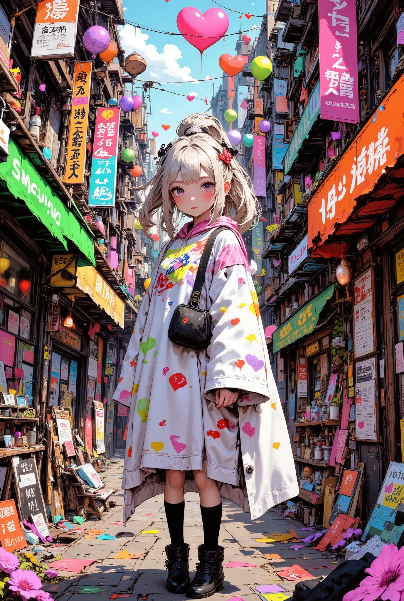 1 girl, japanese, ((soft silver low ponytail hair)), cheerful standing on street of london, pose, she is surrounded by hearts symbols, wearing spring adorned(Oversized hoodie, knee high socks, black knee high socks,), (((collage artwork))), (((collage art background))), (((a contemporary artistic collage))), Masterpiece, Top Quality, neon green, orange, purple, neon colors, deep blues, purples, detailed person, high resolution, 32K, realistic depiction, (masterpiece, highres, high resolution:1.2), perfect body, ((five fingers)), (Anatomically correct), 