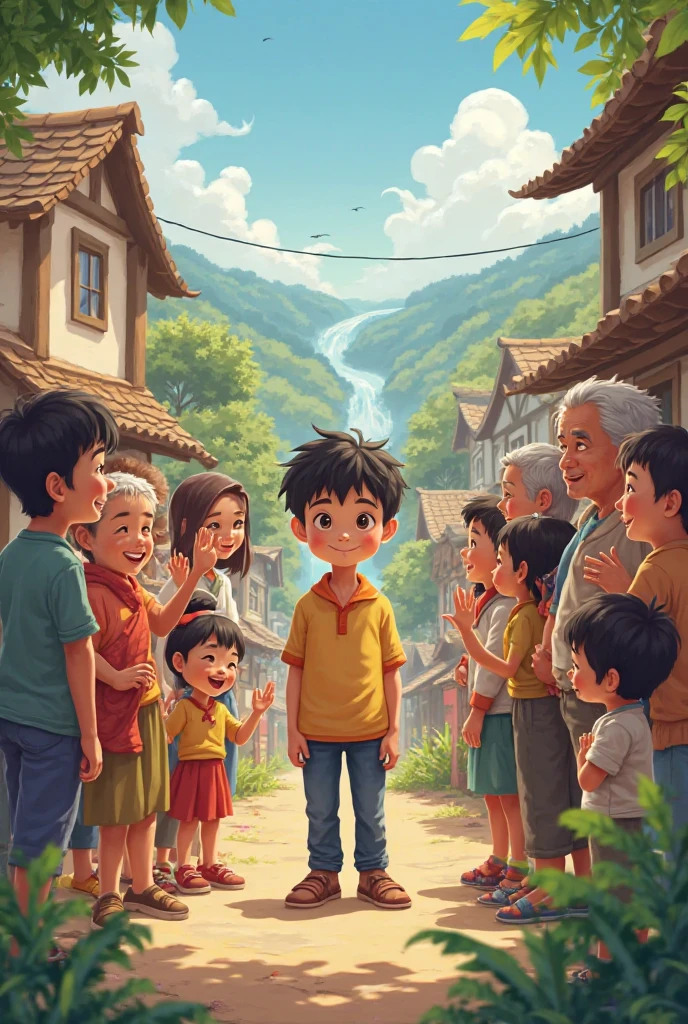 • A boy standing proudly in the middle of the village, with villagers smiling and nodding in respect.

• A peaceful village scene with people waving and ren playing around.