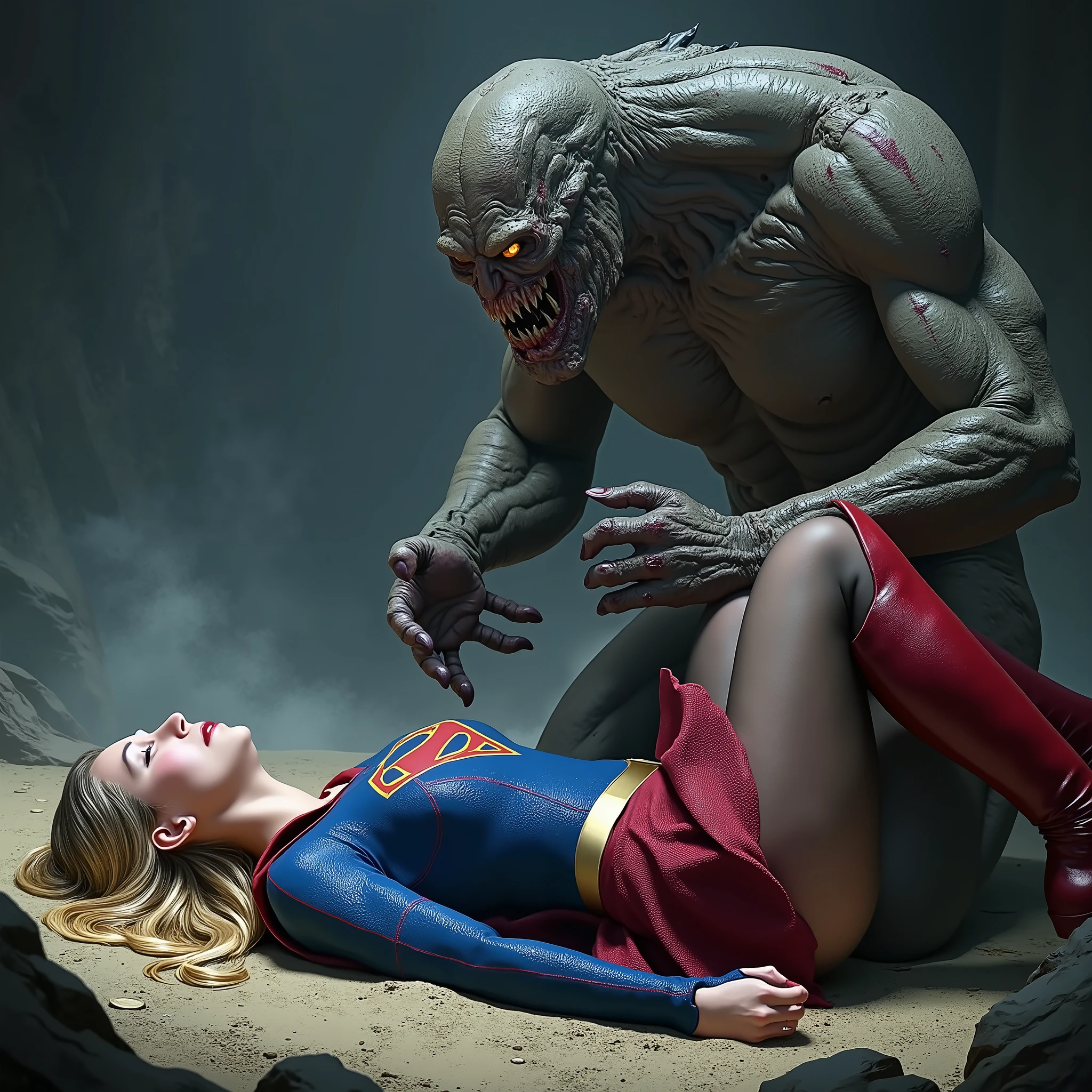 Supergirl is lying flat on the dirt, very bright white skin, can see whole body, She is wearing a thin black pantyhose, very short red skirt, flipped up skirt, red knee height long boots, blonde hair, unconsciousness, eyes close, painful face, a fierce monster is kneeling, it is bending over to her face, his body is between her left and right legs, (monster penis erection), photorealistic, hyperrealism, night time, underground cave,