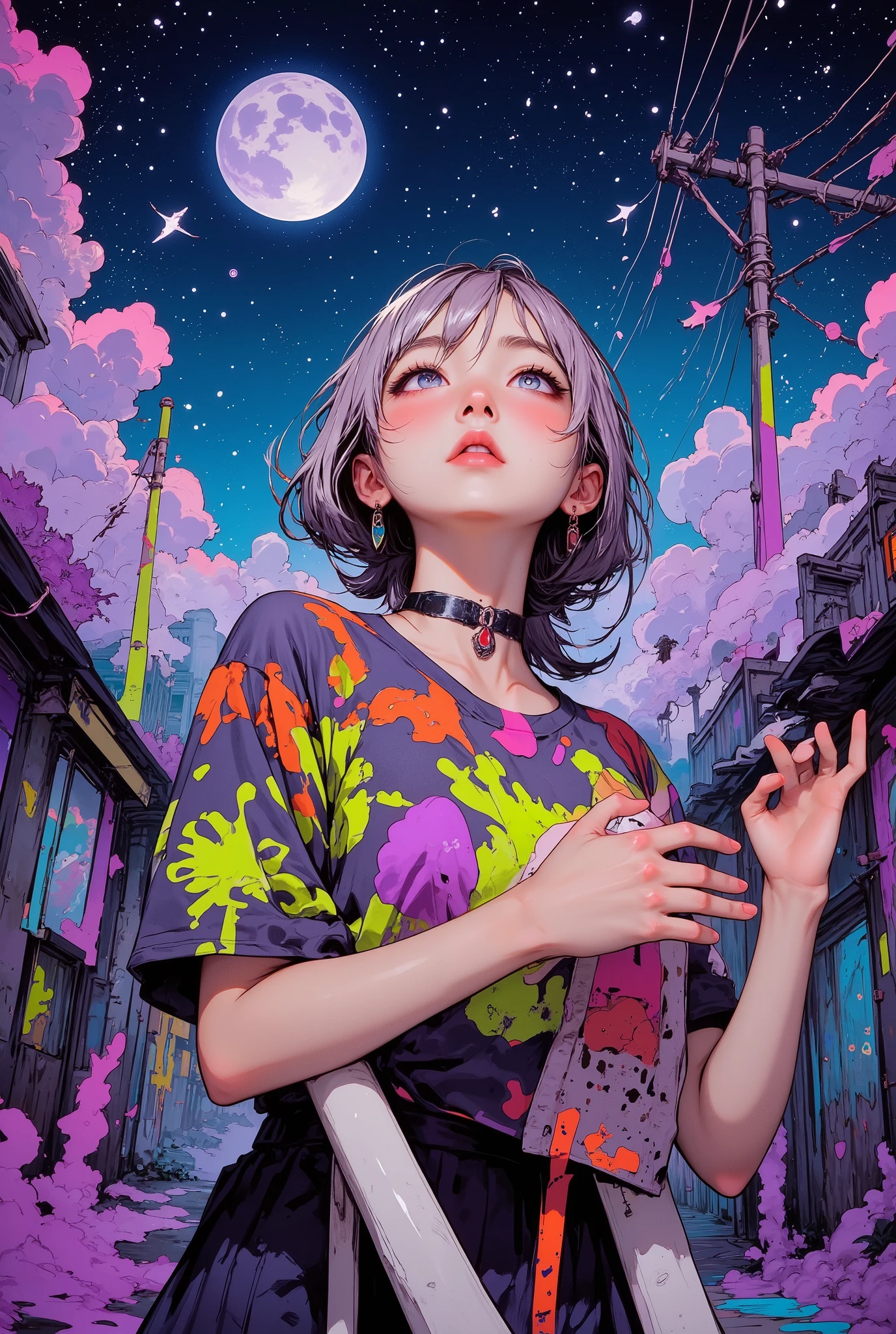 (((Low angle viewpoint))), 1 girl, japanese, ((soft silver low ponytail hair)), 8k, Masterpiece, Top Quality, brightly colored shirt, psychedelic designs, neon green, orange, purple, multicolored lighting, detailed person, high resolution, 32K, realistic depiction, (masterpiece, highres, high resolution:1.2), choker, (earrings:0.1), japanese, ((blushing)), perfect body, ((five fingers)), (Anatomically correct), handrail, cloud, Looking up at the buildings, Power lines, Electric pole, bangs, cloudy, bird, Shorts, full moon, night, Star, milky way, Pitch black, Buildings, standing and looking up at the sky, Standing painting, Splash ink background, Clear Face, Distinct facial features,