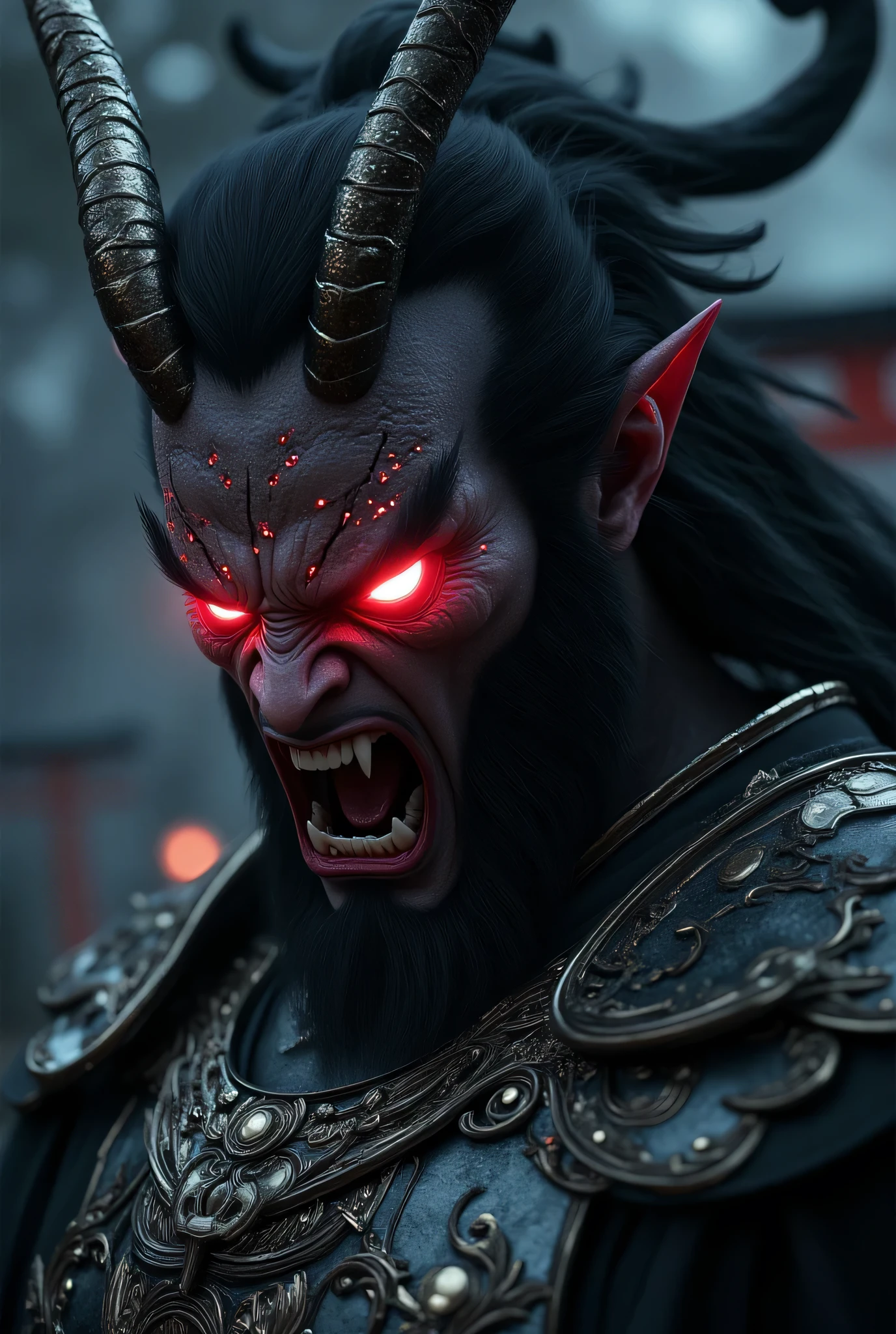 Close-up portrait of a Japanese god with a demonic face, highly realistic and hyper-detailed. The god has sharp, menacing features, glowing red eyes, horned head, and intricate traditional Japanese armor. His skin has a cracked, stone-like texture with hints of red beneath. The background is dark and atmospheric with faint torii gates and mist. Cinematic lighting highlights the contours of his face, giving it a dramatic, almost divine-demonic aura