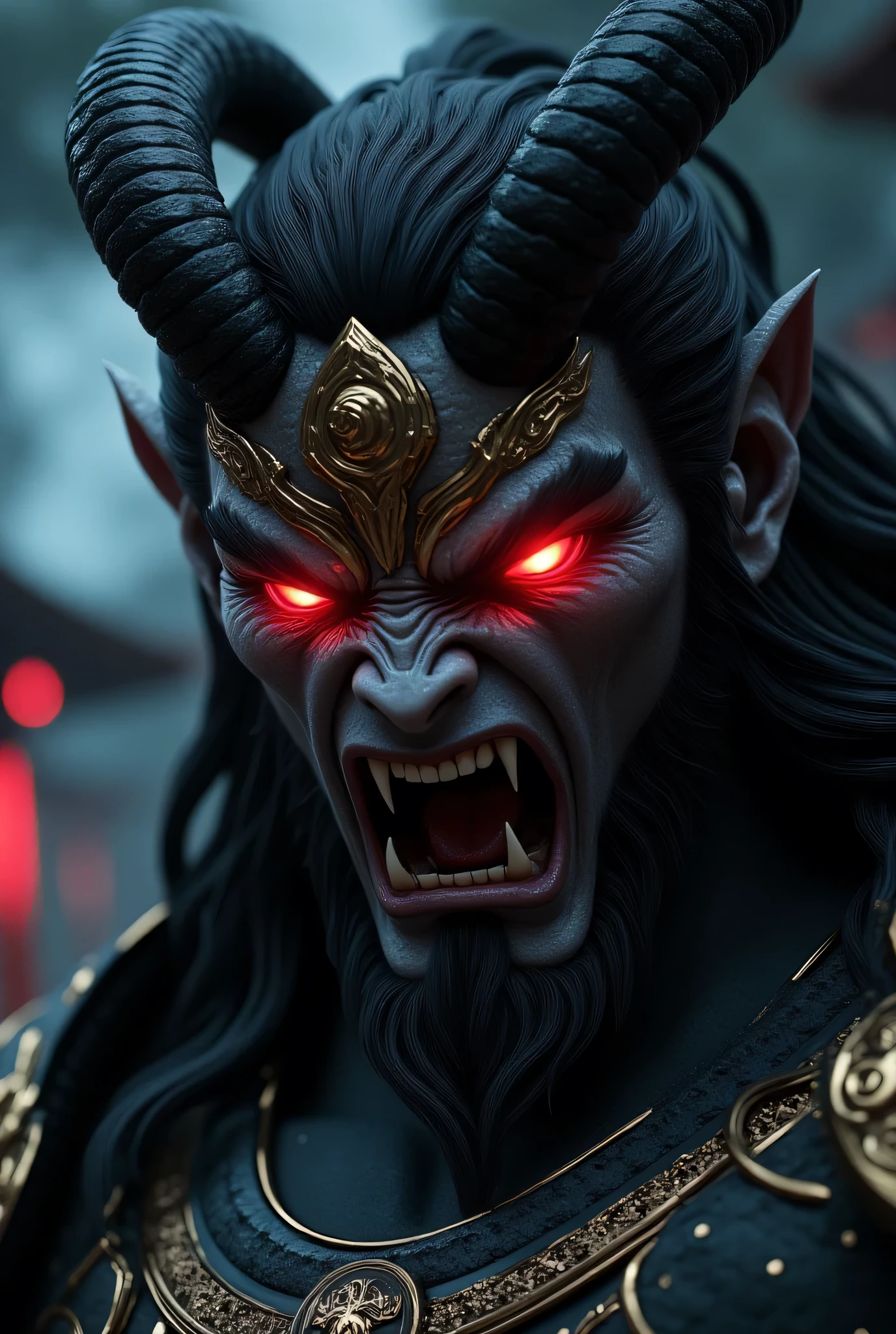 Close-up portrait of a Japanese god with a demonic face, highly realistic and hyper-detailed. The god has sharp, menacing features, glowing red eyes, horned head, and intricate traditional Japanese armor. His skin has a cracked, stone-like texture with hints of red beneath. The background is dark and atmospheric with faint torii gates and mist. Cinematic lighting highlights the contours of his face, giving it a dramatic, almost divine-demonic aura