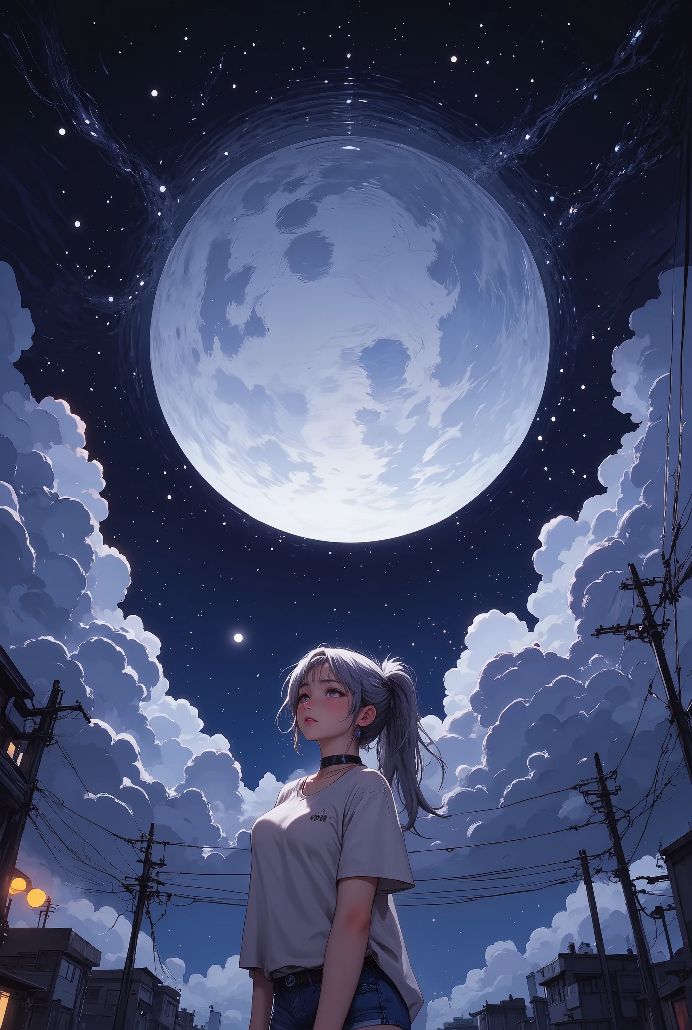 (((Low angle viewpoint))), 8k, Masterpiece, Top Quality, detailed person, high resolution, 32K, realistic depiction, (masterpiece, highres, high resolution:1.2), 1 girl, japanese, ((soft silver low ponytail hair)), Clear Face, Distinct facial features, ((blushing)), perfect body, ((five fingers)), (Anatomically correct), choker, Shorts, (earrings:0.1), looking up at the sky, full moon, the moon appears very large and clear, night, Star, milky way,cloud, Looking up at the buildings, Power lines, Electric pole, cloudy, bird,Buildings,