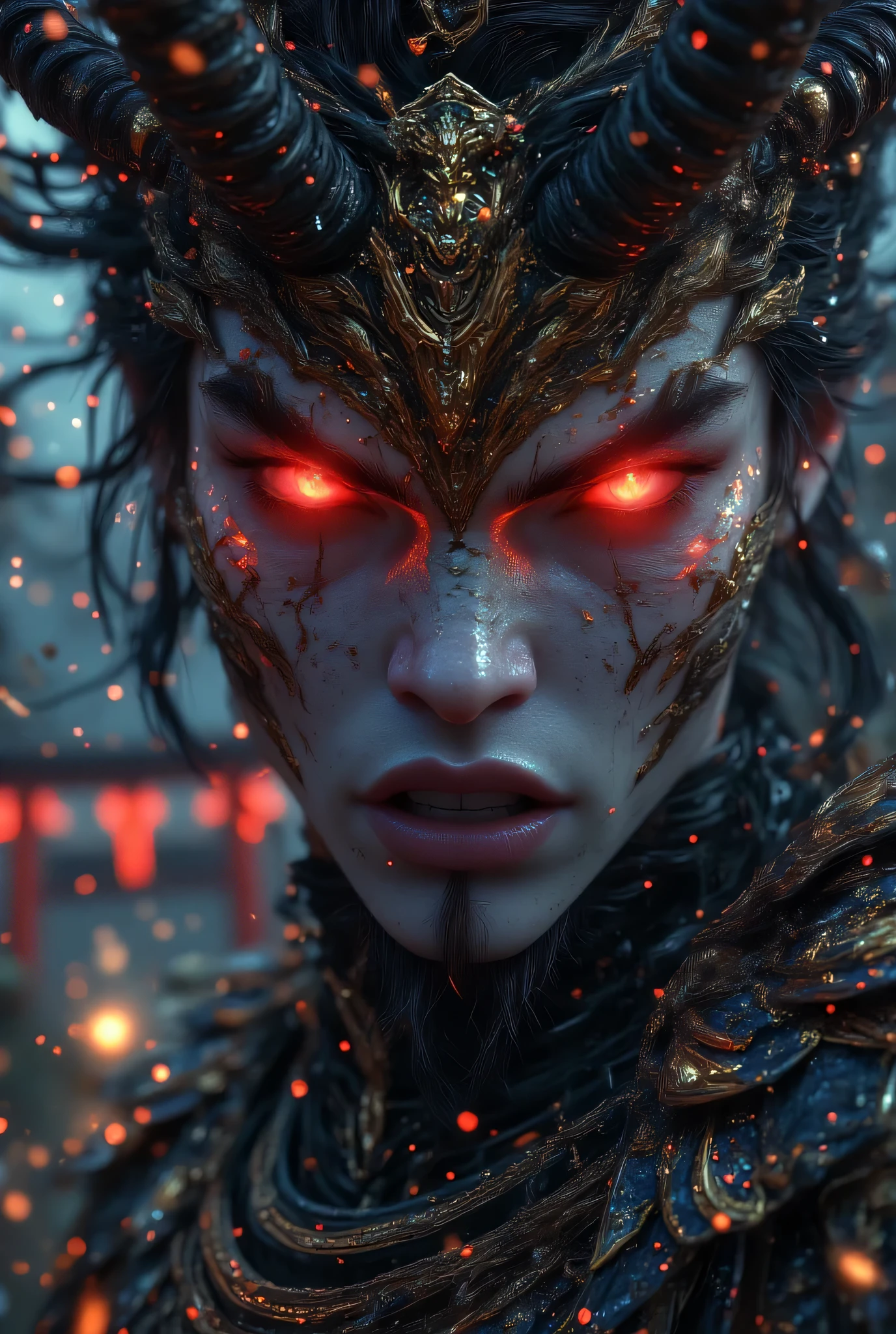 Close-up portrait of a Japanese god with a demonic face, highly realistic and hyper-detailed. The god has sharp, menacing features, glowing red eyes, horned head, and intricate traditional Japanese armor. His skin has a cracked, stone-like texture with hints of red beneath. The background is dark and atmospheric with faint torii gates and mist. Cinematic lighting highlights the contours of his face, giving it a dramatic, almost divine-demonic aura