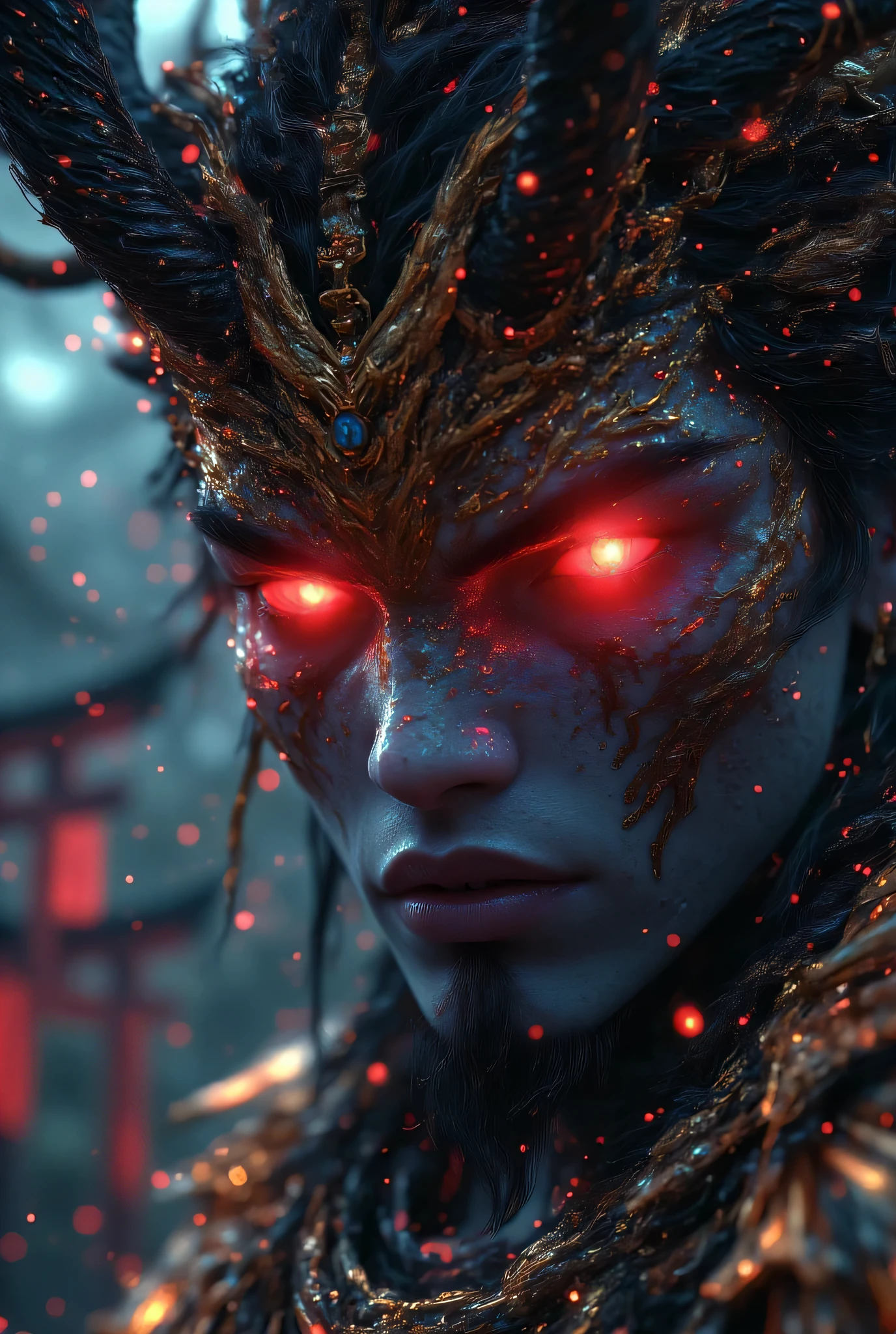 Close-up portrait of a Japanese god with a demonic face, highly realistic and hyper-detailed. The god has sharp, menacing features, glowing red eyes, horned head, and intricate traditional Japanese armor. His skin has a cracked, stone-like texture with hints of red beneath. The background is dark and atmospheric with faint torii gates and mist. Cinematic lighting highlights the contours of his face, giving it a dramatic, almost divine-demonic aura