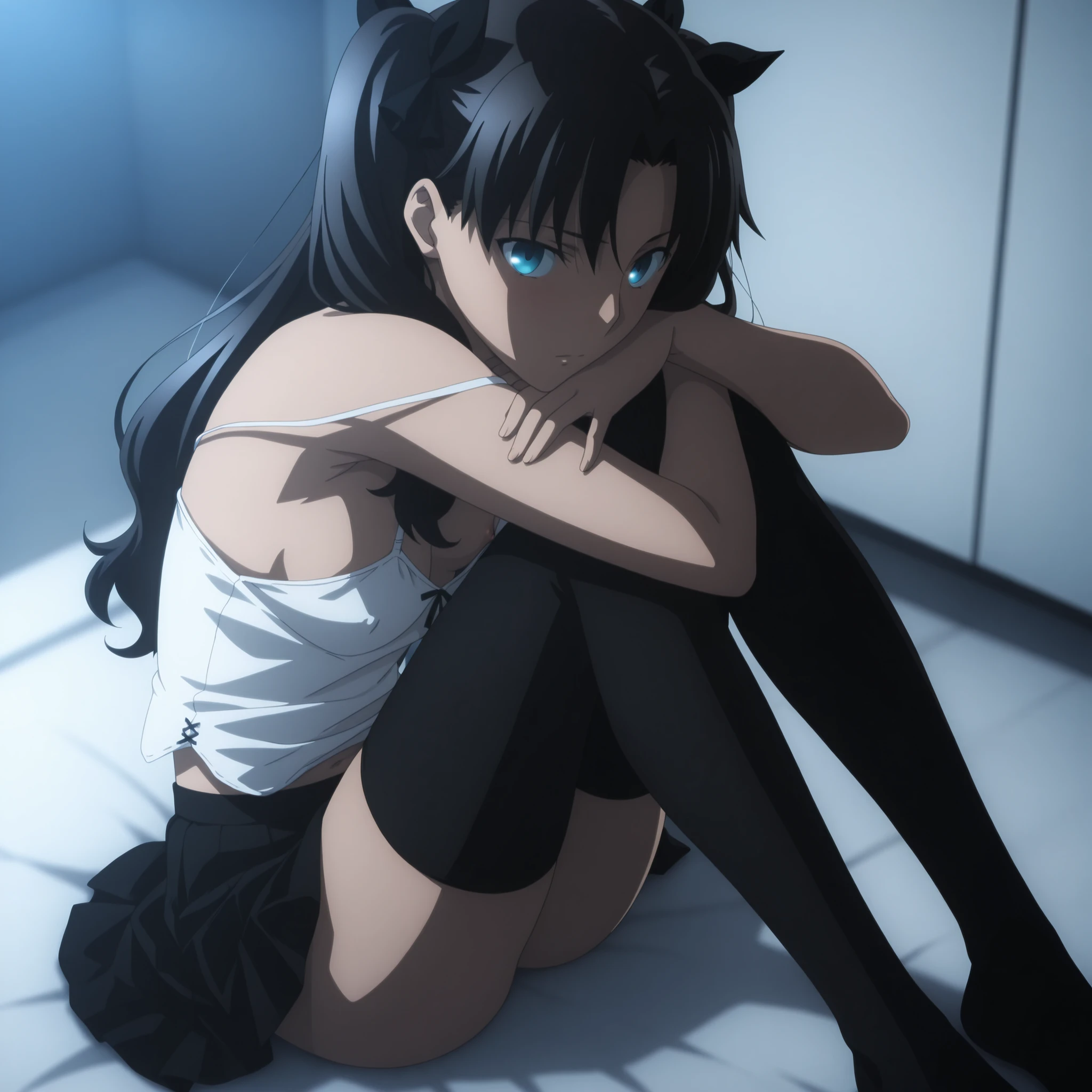 masterpiece, best quality, amazing quality, highres, absurdres, very aesthetic, high resolution, ultra detailed, perfect details, midnight, , indoors, ufotable style, ((from above, from back)), blue hour, backlight,
1girl, ufotable style, anime style, (anime coloring:1.5), (anime screencap:1.2) ,(aged up),
girl, mature, slim body, slender body, ,tohsaka rin, long hair, blue eyes, black hair, two side up, hair bow, black bow, parted bangs, fetal position, sitting, , (knees to chest), long legs,
(show off nipple), nipple slip, RinCamisole, white camisole, strap slip, cross-laced top, bare shoulders, navel, black skirt, pleated skirt, black thighhighs ,small breast, (looking at viewer), expressionless, embarrassed, ,