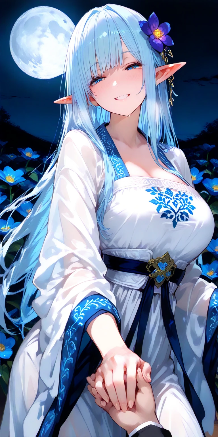mature woman, long white flowing hair, wearing a beautiful white kimono with blue flower pattern, looking sideways, big breasts, slightly open kimono to reveal breasts, 4k, masterpiece, high detail, lotus background