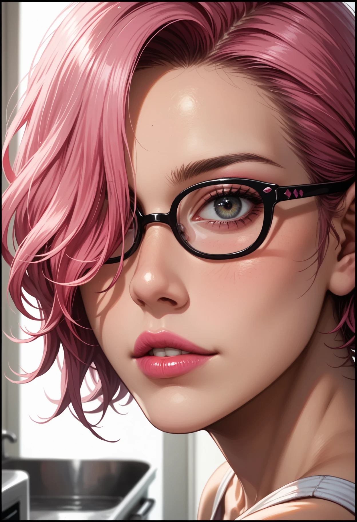  1 girl, lovely, kurvig, large, reif, (medium breasts: 1.3), (Elfenfrau: 1.3), ( the counter,  hands on the counter , legs spread wide,  in the kitchen: 1.3), (black framed glasses: 1.3), ( long pink hair over one eye : 1.3), blaue Augen: 1.3, hat Glanz, Doppellider,  detailed iris , large, kurvig, Body, pink tight tank top, pink tight-fitting short shorts: 1.3, pink stiletto high heels: 1.3, pink lipstick: 1.3, black eye shadow: 1.0, very detailed, 16k, light and shadow on the skin, vivid colours,   funny  expression  , perfect lips, Mund offen, salivatraces, sexy mature face, viele Sommersprossen am ganzen Body, full volhochtuous pouty lips,  extreme blush , look at the viewer, eyes half open, (Close-hoch: 1.5), (back: 1.4), extremely detailed, ray tracing, rtx,  high saturation ,  high contrast ,  photon mapping, ((Sharp image)), ((best quality)), ((detailed background)),((complex details))