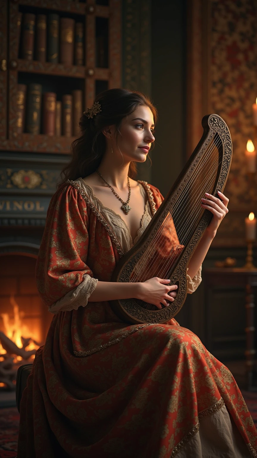 An epic picture of a medieval storyteller  , female with lyre 