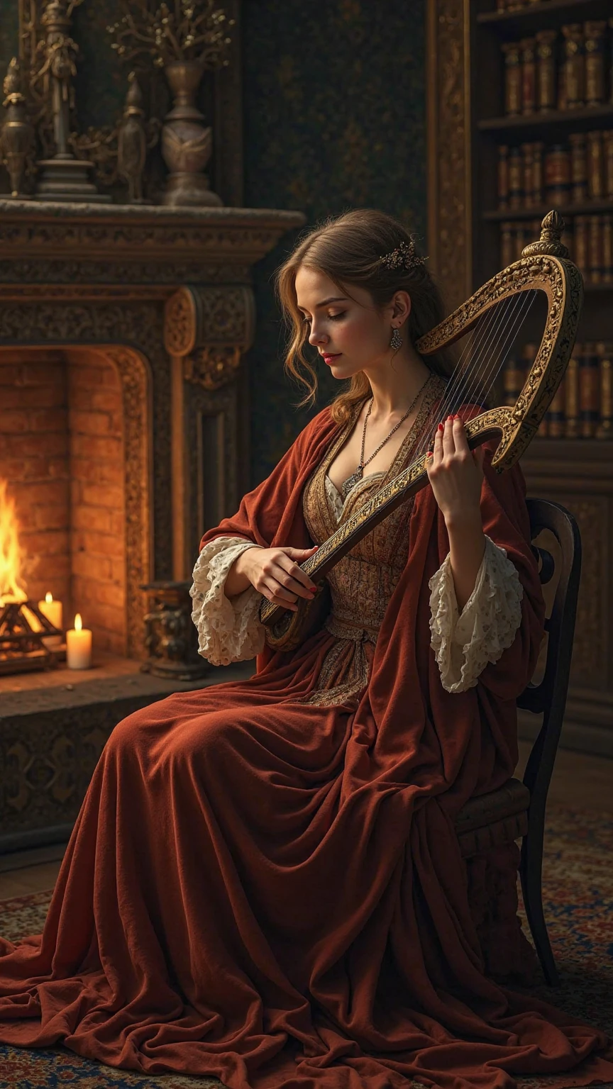 An epic picture of a medieval storyteller  , female with lyre 