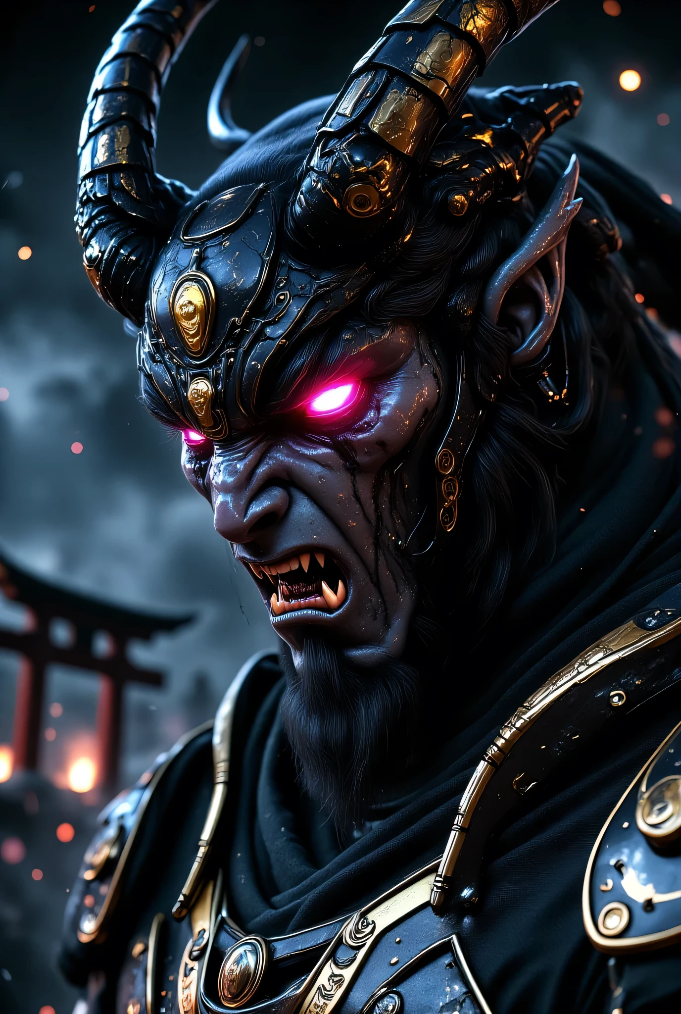 Close-up portrait of a Japanese god with a demonic face, highly realistic and hyper-detailed. The god has sharp, menacing features, glowing red eyes, horned head, and intricate traditional Japanese armor. His skin has a cracked, stone-like texture with hints of red beneath. The background is dark and atmospheric with faint torii gates and mist. Cinematic lighting highlights the contours of his face, giving it a dramatic, almost divine-demonic aura