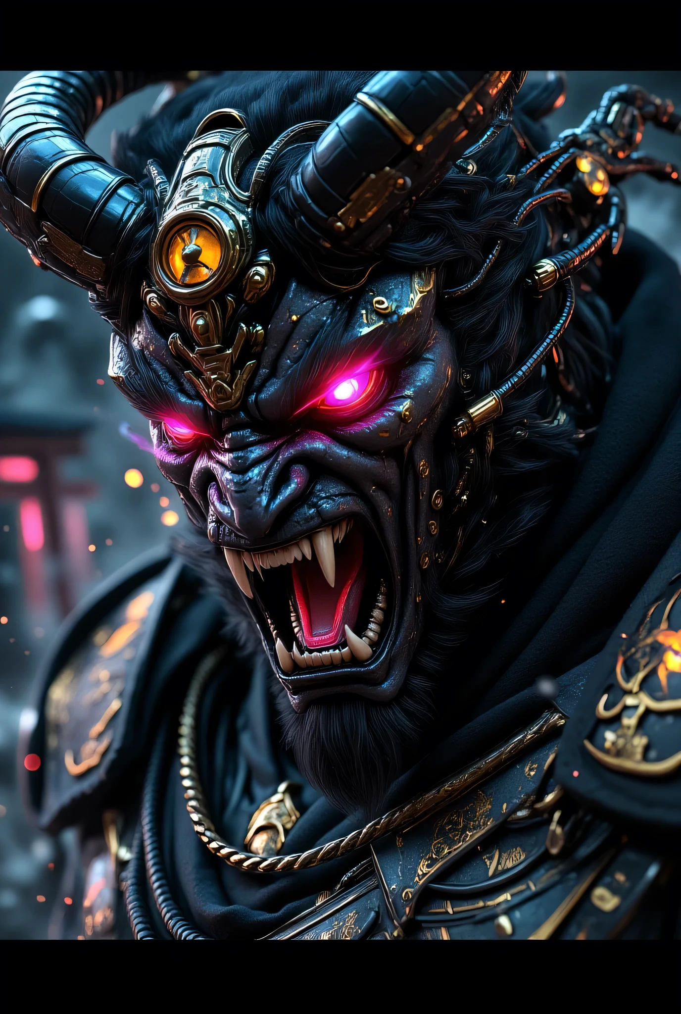 Close-up portrait of a Japanese god with a demonic face, highly realistic and hyper-detailed. The god has sharp, menacing features, glowing red eyes, horned head, and intricate traditional Japanese armor. His skin has a cracked, stone-like texture with hints of red beneath. The background is dark and atmospheric with faint torii gates and mist. Cinematic lighting highlights the contours of his face, giving it a dramatic, almost divine-demonic aura