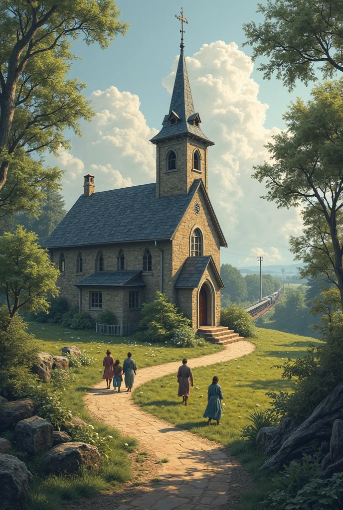 A small church with an obvious cross，and there is a footpath leading to the church，A train passes by in the distance