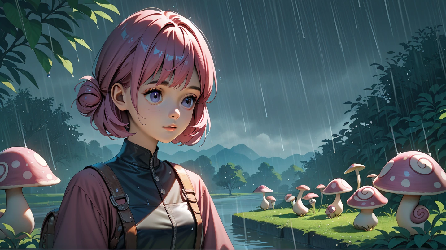4K,  Scenery, Rainy Asphalt, cute snails, pink snail shell,A girl imitating a snail, high resolution, top quality, Rainy Day, anime, fantasy, portrait, Details Focused,, light effect, bright colors, A deep sense of depth smiles, 