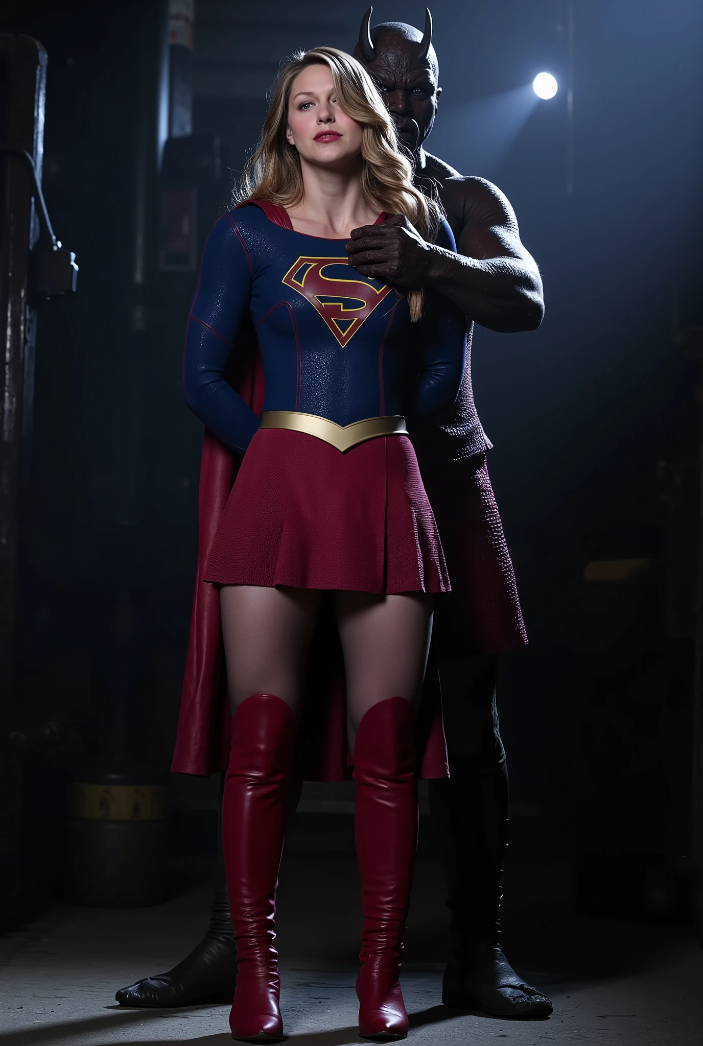 Melissa Benoist as Supergirl, (a very short skirt), both arms behind her back, wearing a Supergirl costume, blue shirt and red skirt, (upskirt:1.8), red high boots, she is sexual assaulted from behind by a devil, embarrassment, ((painful face)), (Supergirl is crying in pain), he is hugging her tightly from behind, whole body from head to feet are visible, in the factory, night time, bright spot lighting,