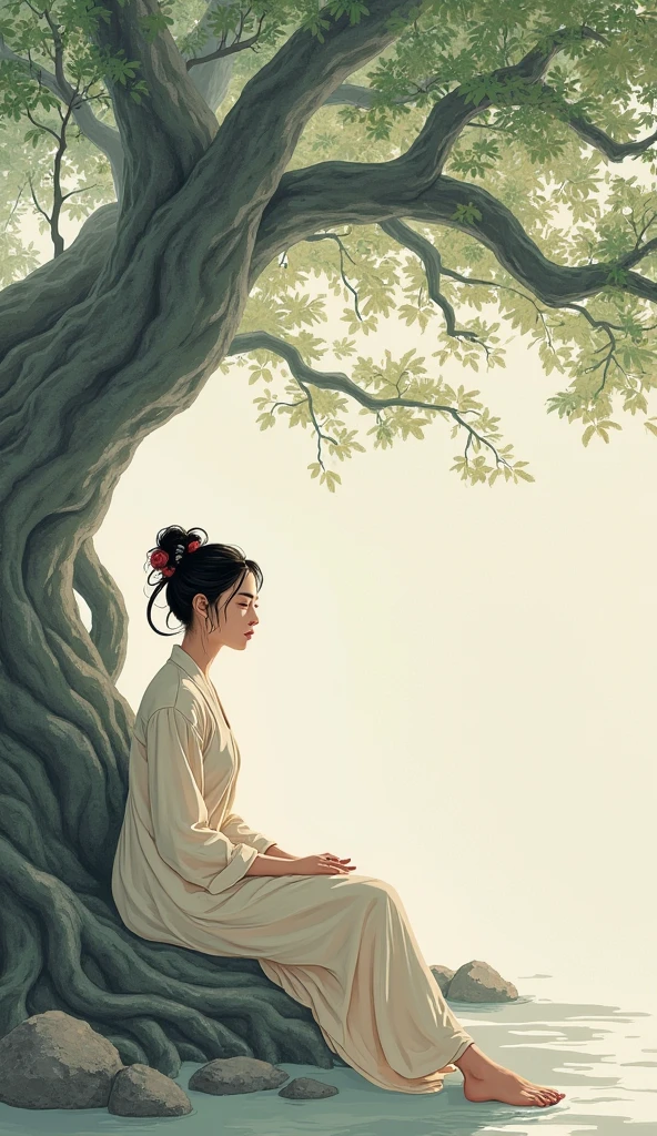 Create a picture of a young woman sitting in a band with an Aunt Ba tree with a Chinese style. The features do not need many colors, just 4 colors