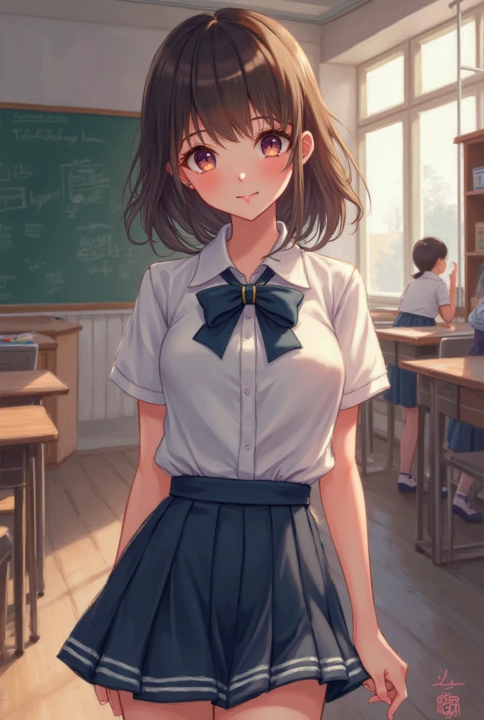 (masterpiece:1.2, top-quality, ultra high res, ultra detailed), (realistic, photorealistic:1.4), beautiful illustration, perfect lighting, natural lighting, colorful, depth of fields,
beautiful detailed hair, beautiful detailed face, beautiful detailed eyes, beautiful clavicle, beautiful body, beautiful chest, beautiful thigh, beautiful legs, beautiful fingers,
looking at viewer, 1 girl, high school teacher, 22 years old, perfect face, (perfect anatomy, anatomically correct), cute and symmetrical face, babyface, , shiny skin,
(short hair:1.5, okappa, brown hair), swept bangs, dark purple eyes, slant eyes, big eyes, long eye lasher, (medium breasts), slender,
(navy outfit, navy skirt suit, short sleeve collared white shirt),
(beautiful scenery), evening, (school classroom:1.1, blackboard, vase, blackboard eraser, chalk), standing, (self-introduction, cute smile),
