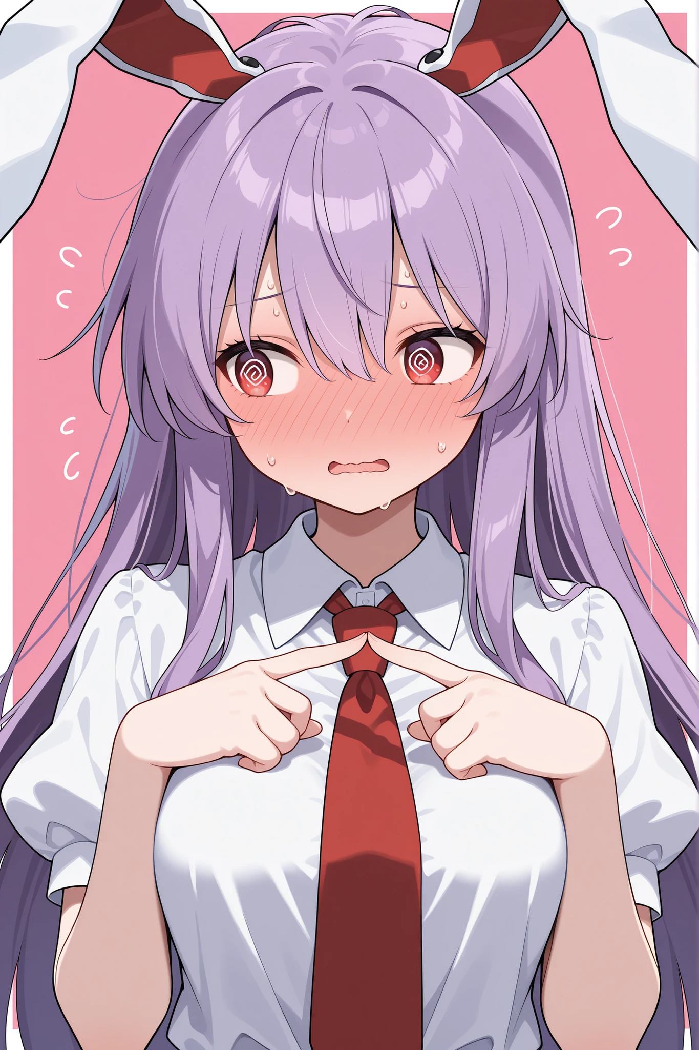 masterpiece, best quality, amazing quality, very aesthetic, colorful, safe, upper body, 1girl, reisen udongein inaba, \(Touhou\), embarrassed, full-face blush, @_@, index fingers together, looking away, wavy mouth, open mouth, sweat, purple hair, long hair, hair between eyes, red eyes, medium breasts, blouse, puffy sleeves, red necktie, simple background, pink background, white border, (anime screencap:1.1)