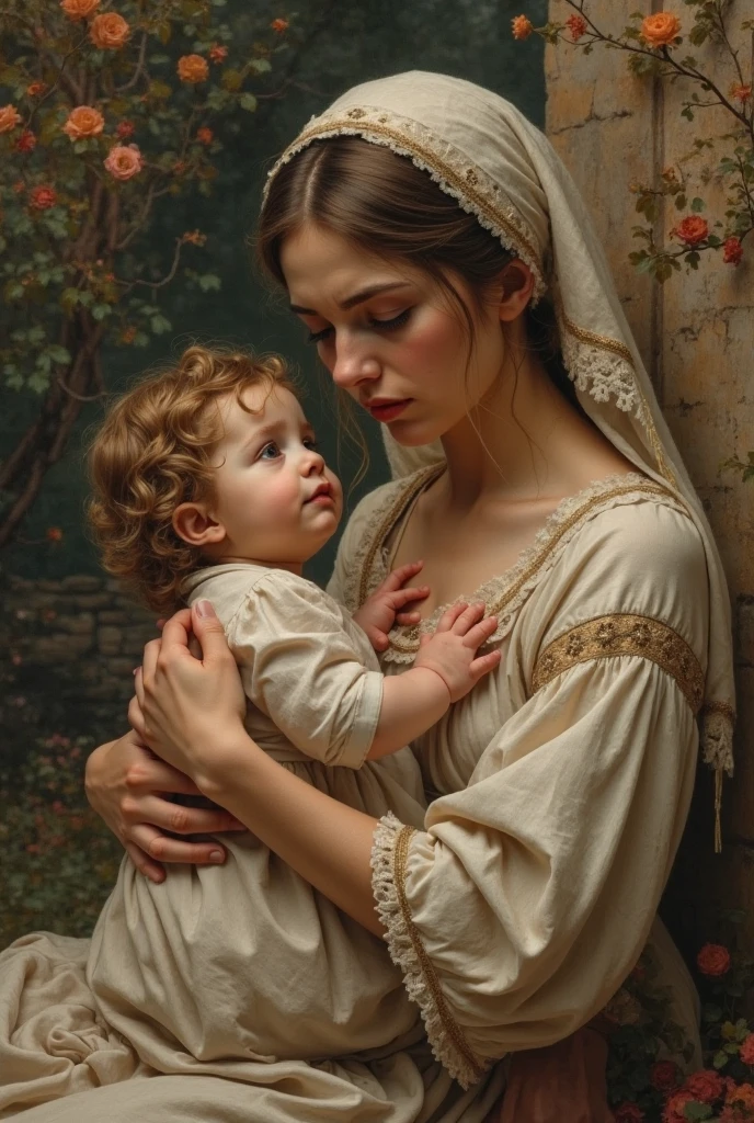 19-year-old mother, with her newborn son on her lap, close-up, ultra-realistic, best photo of the exhibition, 8k, early 21th century German environmen