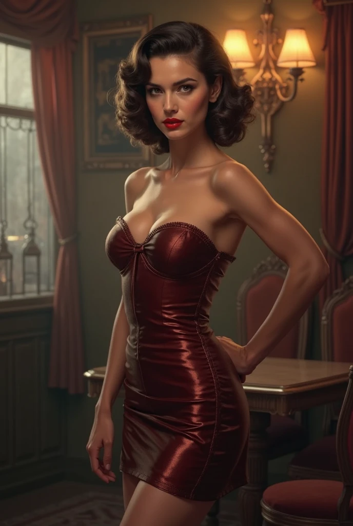 2 heads,Portrait of a 60-year-old woman with short brown hair, a captivating gaze, Brown eyes, Wrinkles on her face, She wears a very sexy black evening dress that reveals big flabby breasts, Light makeup and red lips. 32K