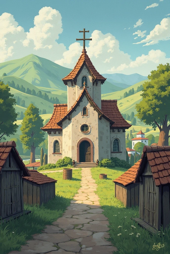 A small church with an obvious cross linking rows of storehouses，