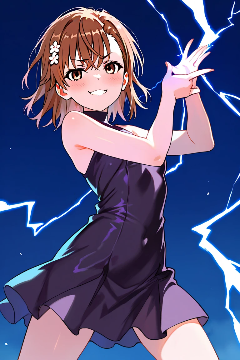 {{illustration}},{{{masterpiece}}},{{best quality}},{High resolution}, hignity 8k wallpaper,detailed background,{{beautiful detailed water}},{beautiful detailed face},fluttered detailed splashs,{{intricate detail}},{highres}, ultra-detailed,1girl,floating, starry, starry light, professional lighting, photon mapping, physically-based rendering, misaka_mikoto_2, misaka mikoto, 1girl, solo, <lora:misaka_mikoto_2.0:1>,  wet, wet hair, dark clouds, lightning, simple background,  Vanaheim, standing,(black_one-piece_swimsuit, no_shoes)
